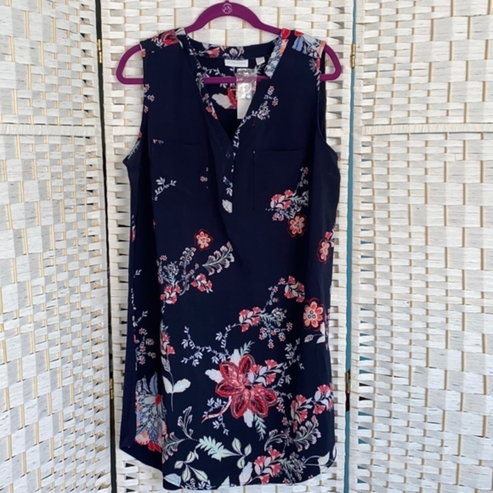 New York & Company Navy Floral Sleeveless V-Neck Shift Dress Large